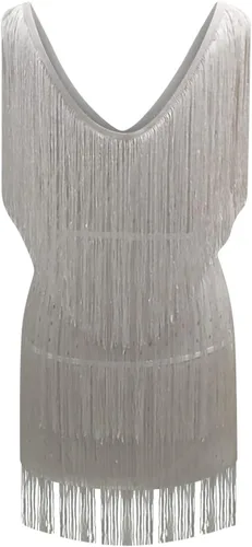 Vista 5 de XUNRYAN Vestido de lentejuelas con flecos para mujer de los años 20, sexy, con cuello en V, sin mangas, vestido de cóctel, concierto de noche