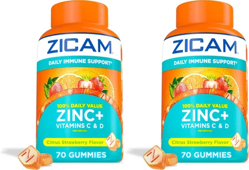 Vista 9 de Zicam Apoyo inmunológico diario, suplemento de gomita, zinc, vitamina C y vitamina D, sabor cítrico y fresa, 70