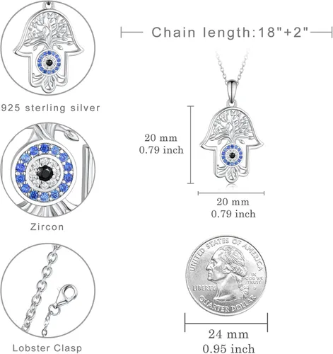 Vista 6 de Hamsa Hand Necklace for Women,925 Sterling Silver Hamsa Lotus Evil Eye Pendant Hand of Fatima Tree Elephant Necklaces,Hamsa Hand of Fatima Amulet