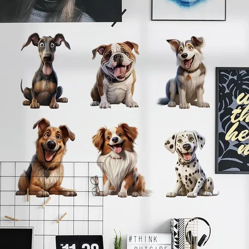 Vista 2 de Calcomanías de pared con diseño de seis razas de cachorros, calcomanías de pared de perros de dálmata, Husky Border Collie, Bulldog Francés