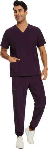 Vista 3 de COZYFIT Conjunto de ropa quirúrgica para hombre camiseta elástica con cuello en V y pantalón deportivo con 8 bolsillos, cintura de yoga, ropa