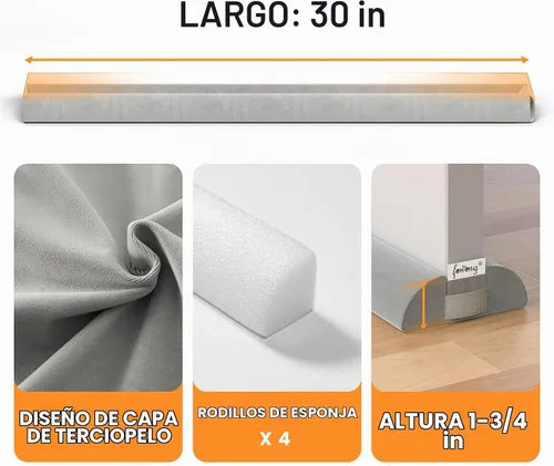 Vista 6 de fowong Tope de Corrientes de Aire para la Parte Inferior de la Puerta de 30" Ajustable, Bloqueador de Ruido que Reduce el Aire Frío, Sello de 2-Gris