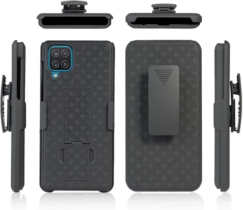 Vista 5 de Para Samsung Galaxy A12, con carcasa combinada de vidrio templado y funda delgada con soporte incorporado + clip giratorio para cinturón para Galaxy
