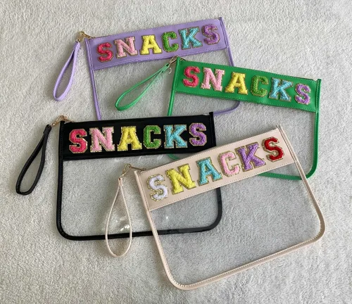 Vista 5 de TopTTanBo Bolsa transparente de chenilla con letras, multiusos, transparente, impermeable, para aperitivos, maquillaje, con correa para la muñeca