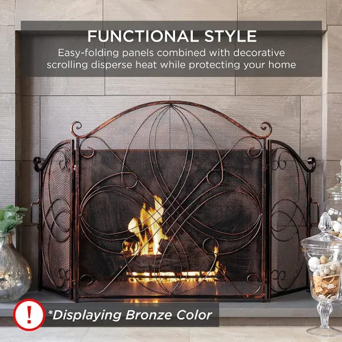Vista 6 de Best Choice Products - Pantalla de chimenea de 3 paneles de 55x33 pulgadas de hierro forjado macizo transparente, protector de seguridad contra