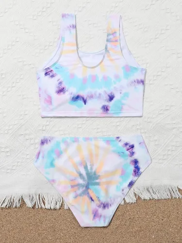 Vista 3 de OYOANGLE Traje de baño de 2 piezas para niña, conjunto de bikini de cintura alta con teñido anudado