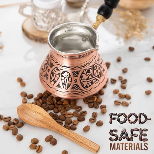 Vista 3 de Cafetera turca griega árabe de cobre de 12 onzas con mango de madera (4 tazas), Cezve, Ibrik, cafetera griega Briki, cafetera turca martillada