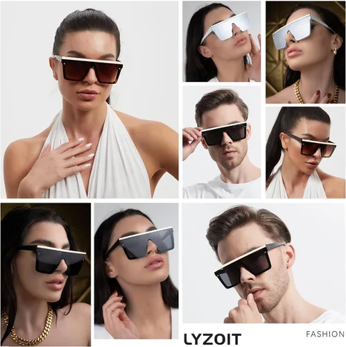Vista 5 de LYZOIT Lentes de sol cuadrados de gran tamaño para mujeres y hombres, parte superior plana grande, protección UV, sombras sin montura