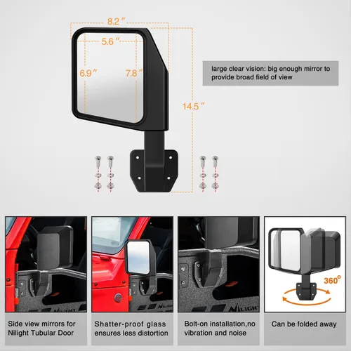 Vista 5 de Nilight Puertas tubulares delanteras todo terreno con espejos laterales Compatibles con 2018 2019 2020 2021 2022 2023 2024 2025 Wrangler JL 2020
