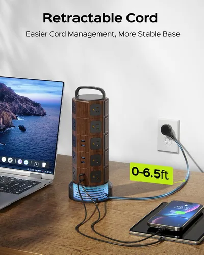 Vista 3 de Protector contra sobretensiones de torre de regleta de alimentación, 20 CA 6 USB (2 USB C), 1050J, 6.5 pies Extension Cord with Multiple Outlets