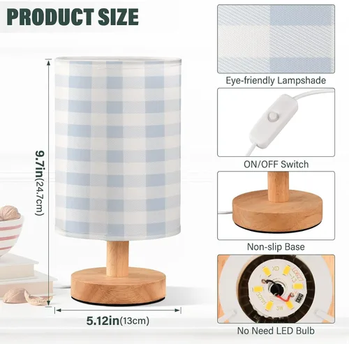 Vista 3 de Kigai Lámpara de mesa de cuadros azul para dormitorio, lámpara de noche LED para mesita de noche, lámpara de gingham, luz de guardería con puertos