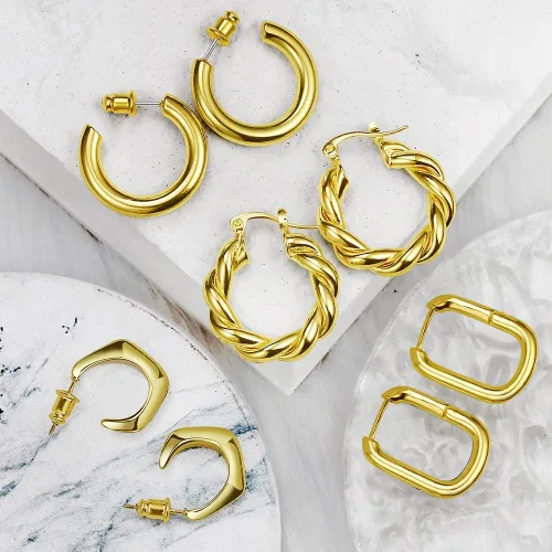 Vista 7 de 8-10 Pairs Delicate Gold Silver Hoop Earrings Set for Women, 14K Gold Plated Lightweight Hypoallergenic Thick Open Twisted Huggie Earrings for girls
