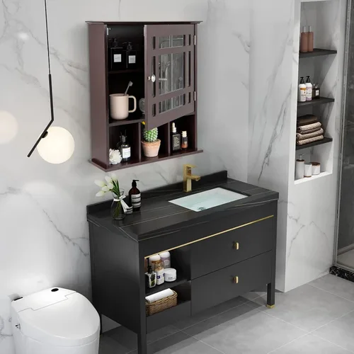 Vista 2 de GOFLAME Botiquín de baño con espejo, organizador de almacenamiento colgante montado en la pared con estante ajustable, gabinete de almacenamiento