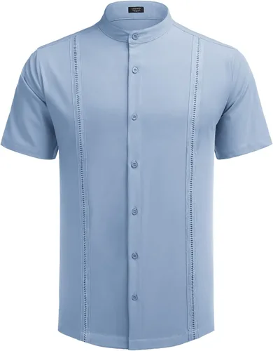 Vista 4 de COOFANDY Mens Short Sleeve Cuban Guayabera Shirt Casual Band Collar Button Down Shirts