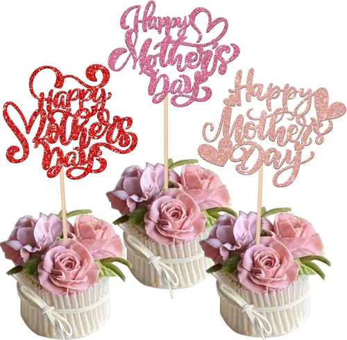 Vista 22 de Rsstarxi 1 paquete de decoración para pastel con flores de purpurina con doble corazón Love Mom Best Mom Best Mom Cake Pick Decoraciones para feliz