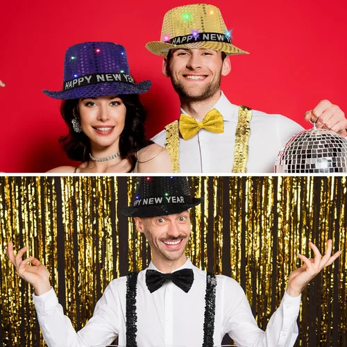 Vista 4 de Suhine 18 sombreros de fedora de lentejuelas con luces LED para Año Nuevo, unisex, con lentejuelas, corbatines y tirantes de lentejuelas, juego