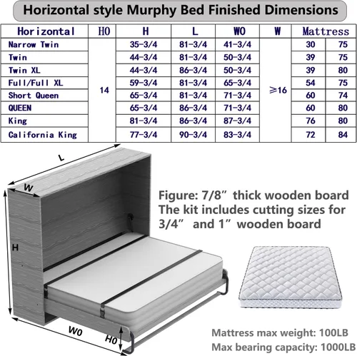 Vista 3 de (Horizontal, estrecho individual/individual/individual XL crea una cama de lujo Easy Murphy Kit de hardware de cama, flotar en la barra hidráulica