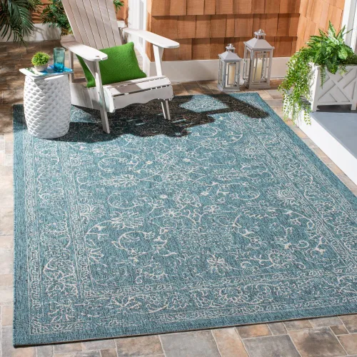 Vista 59 de SAFAVIEH Alfombra lavable al aire libre, colección Courtyard - 2'3" x 5', azul aguamarina y gris, no desprende pelusa y fácil limpieza, ideal