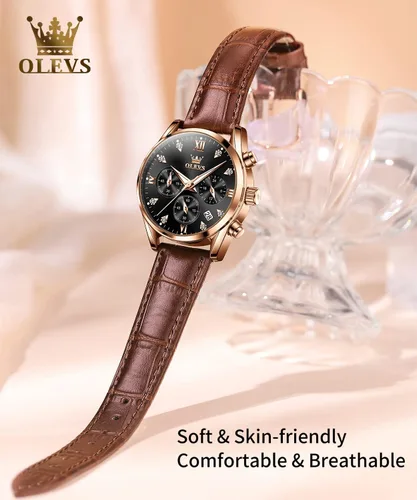 Vista 4 de OLEVS Women Watch Brown Leather Straps Ladies Rose Gold Elegant Luxury Dress Chronograph Waterproof Wrist Watch Date Day