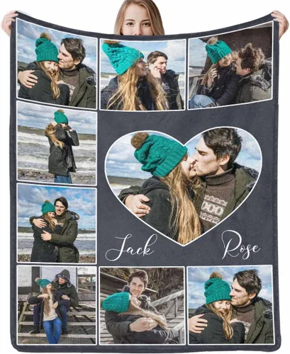 Vista 14 de D-Story Manta personalizada con texto fotográfico, manta de franela personalizada para Navidad, cumpleaños, San Valentín, para parejas, familiares