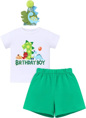 Vista 14 de ODASDO Conjunto de camiseta de manga corta para bebé, diseño de dinosaurio, 1º, 2º y 3º cumpleaños