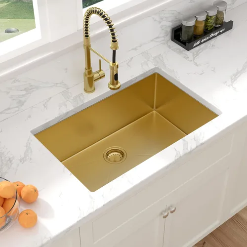 Vista 4 de Sarlai Gold Fregadero de Cocina Empotrado - Fregadero de Cocina de 28 Pulgadas Empotrado de Acero Inoxidable Dorado Tazón Individual de 28" x 19