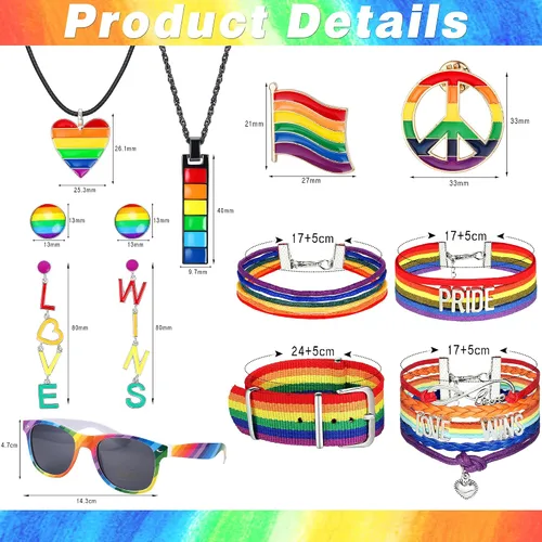 Vista 2 de CASSIECA Juego de joyas de orgullo, accesorios LGBTQ, joyas de orgullo gay, pulseras de orgullo, collares de orgullo, aretes de arcoíris, aretes