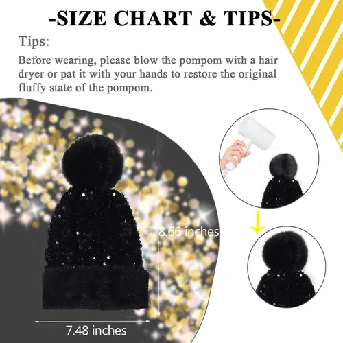 Vista 2 de Gorro de invierno para mujer, gorro de punto con piel sintética extraíble, pompón y lentejuelas