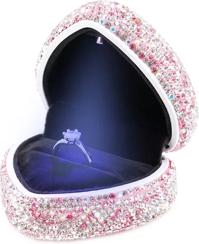 Vista 5 de Caja de joyería de lujo con forma de corazón de diamantes de imitación Bling totalmente para almacenamiento de joyas con luz LED para compromiso boda