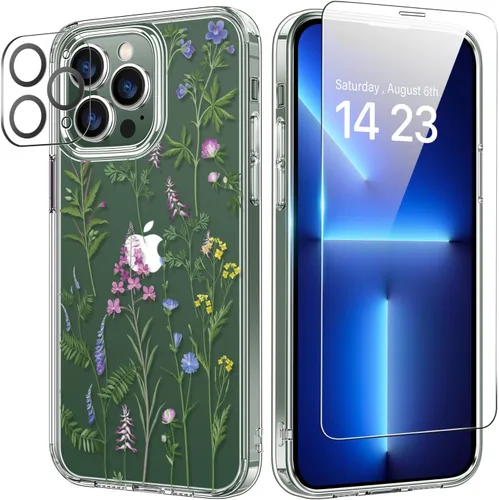 Vista 20 de bicol Funda para iPhone 14 Plus con Protector de Pantalla y Lente de Cámara - Diseños Florales de Moda para Mujeres y Niñas - Funda Transparente
