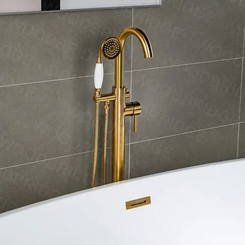 Vista 13 de WOODBRIDGE Grifo de llenado de bañera independiente contemporáneo de una sola manija con ducha de mano en acabado dorado cepillado, F0007-BGVT