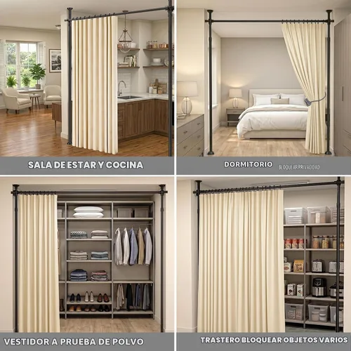 Vista 7 de Juego de cortinas divisoras de habitación, sin taladro, con barra retráctil, sin herramientas, para dormitorio, color beige, 100 pulgadas de ancho x