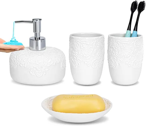 Vista 8 de Juego de accesorios de baño, 4 piezas de cerámica con diseño en relieve, dispensador de jabón de baño de 13.5 onzas y 2 vasos de cerámica, 1 jabonera