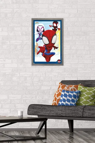 Vista 2 de Marvel Spidey and His Amazing Friends - Póster de pared grupal, 22.4 pulgadas de largo x 14.7 pulgadas de ancho, versión enmarcada de madera