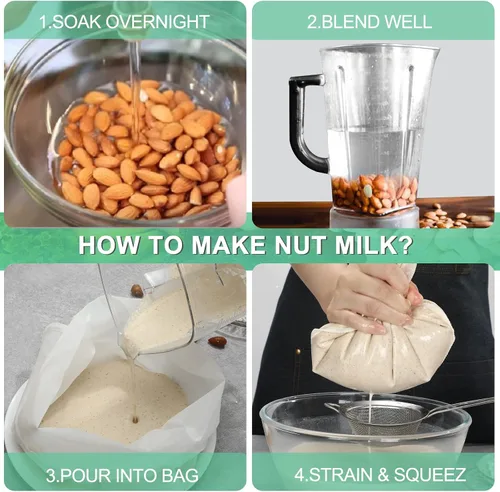 Vista 6 de Paquete de 3 bolsas de leche de nuez de 14 x 14 pulgadas, extra grandes, reutilizables, coladores de alimentos, bolsas de nueces para colar leche