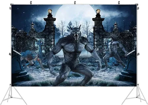 Vista 2 de Telón de fondo de fotografía de hombre lobo, noche de Halloween, fondo de cementerio aterrador, decoración de póster de baño de bebé, decoración
