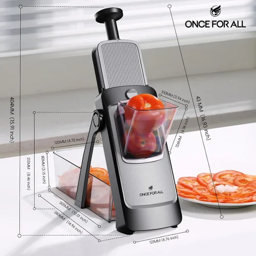 Vista 7 de ONCE FOR ALL Safe Mandoline Slicer Pro, 4ª generación, cortador de verduras de grosor ajustable para cocina, picadora de alimentos con contenedor