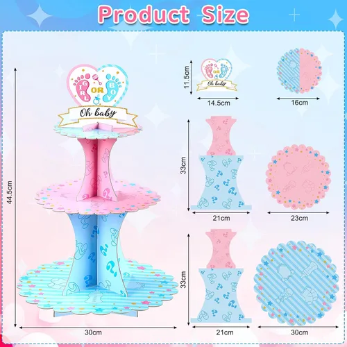 Vista 2 de Decoración de soporte para cupcakes para fiesta de revelación de género, azul y rosa de 3 niveles para baby shower, suministros de cartón para niños