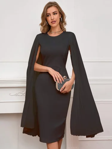 Vista 6 de IWFEV Vestido midi sin mangas liso de manga larga con cuello redondo y patchwork a media pierna para mujer