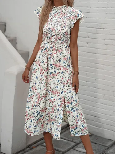 Vista 5 de WDIRARA Vestido midi bohemio con volantes fruncidos y mangas casquillo para mujer