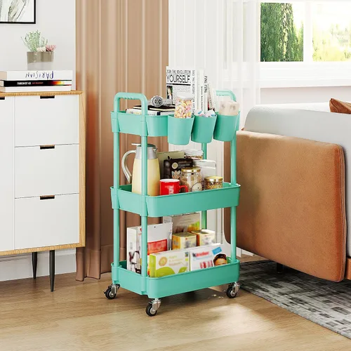 Vista 4 de UDEAR Carrito utilitario rodante de 3 niveles, estantes de almacenamiento multifuncionales con asa y ruedas con cerradura para habitación, oficina