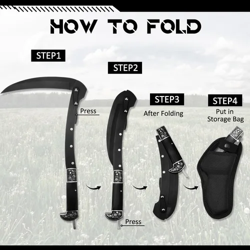 Vista 5 de WILLBOND Herramienta de jardín plegable de hoz negra afilada, cuchillo de mano de hierba de seguridad portátil con funda mango de madera, 2