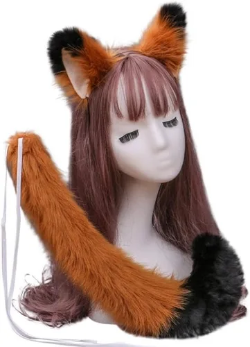 Vista 3 de Disfraz de gato o zorro para fiesta de disfraces o cosplay, color negro, con cola de 19.7 pulgadas y orejas a juego, también regalo para niños
