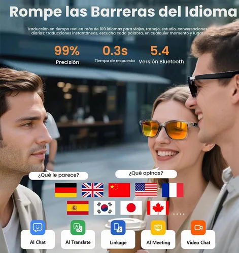 Vista 2 de Lentes inteligentes de traducción AI con GPT de chat para hombres y mujeres, gafas de sol Bluetooth 5.4 con traductor en 100 idiomas y acentos, Gris