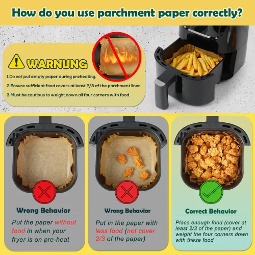 Vista 7 de BYKITCHEN Forros pequeños para freidora de aire de 1 a 3 cuartos de galón, juego de 200, mini papel pergamino para freidora de aire de 5.5 pulgadas