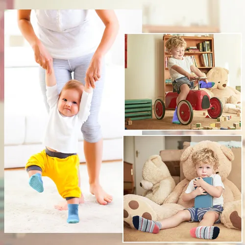 Vista 5 de ELUTONG - Calcetines de agarre para niños, paquete de 12 unidades, antideslizantes, calcetines de tripa para bebés y niños de 1 a 7 años, niños