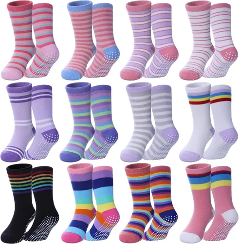 Vista 8 de Calcetines antideslizantes para niñas pequeñas, calcetines de algodón con agarres, 12 pares