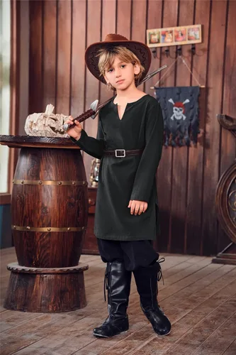 Vista 2 de Gafeng Disfraz medieval para niños y niños, túnica de caballero vikingo, guerrero renacentista, pirata, LARP, camisas de Halloween