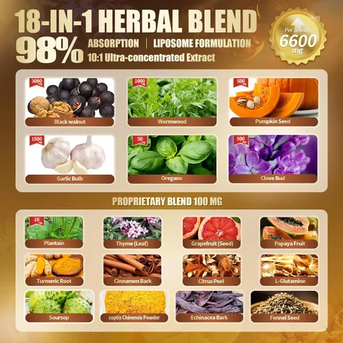 Vista 3 de Limpieza 18 en 1 de ajenjo de nogal negro para humanos, suministro para 80 días, porción de 6600 mg, limpieza intestinal rápida y salud digestiva