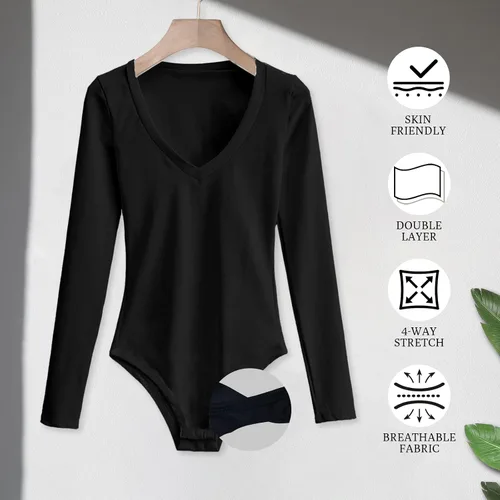 Vista 5 de WAFSCLKH Enterizo básico sexy con cuello en V y manga larga para mujer